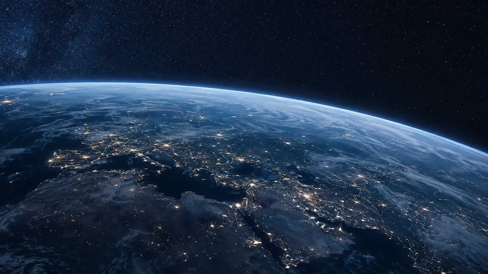Earth at blue hour, viewed from orbit across Europe, Africa, Asia, and the Middle East